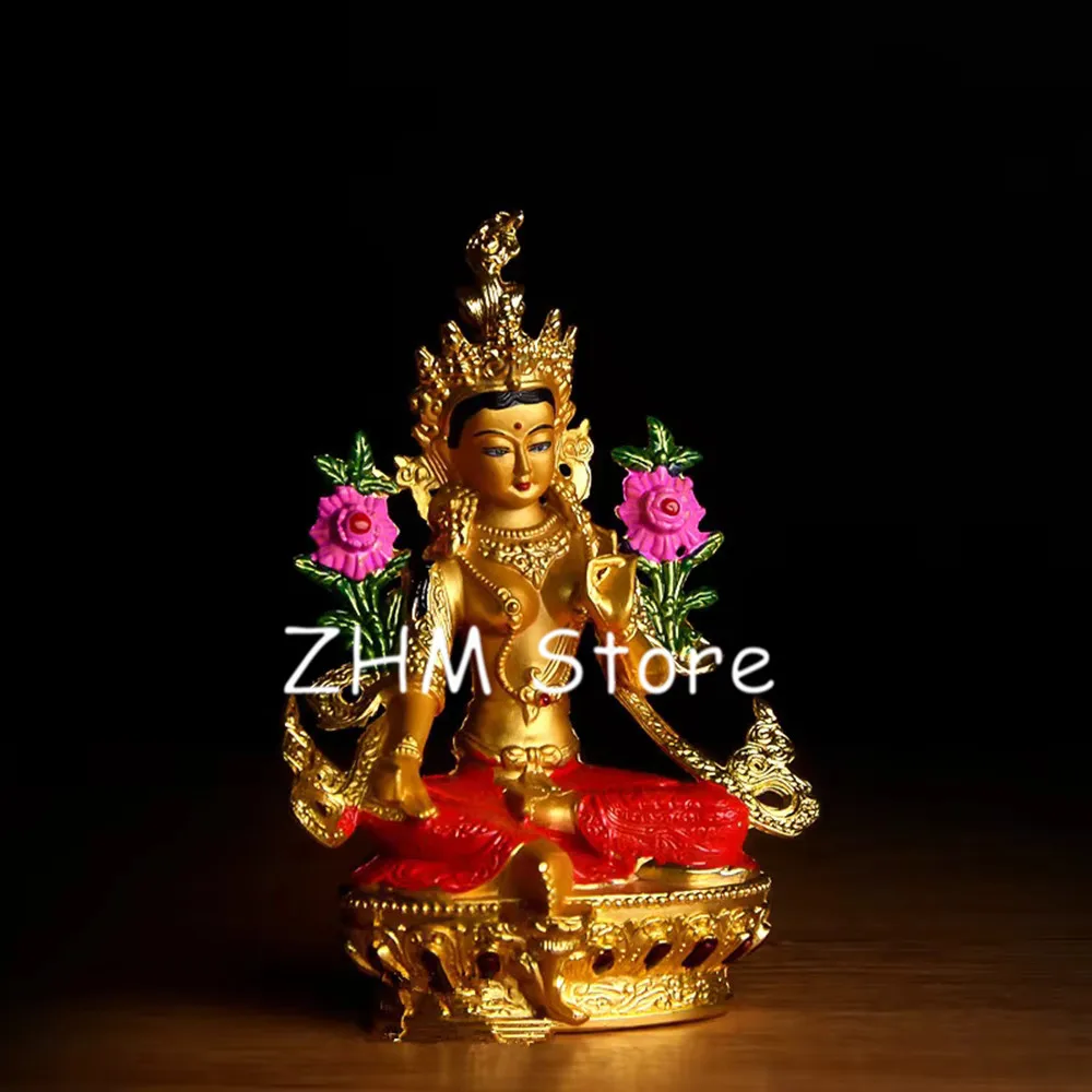 Buddhist Alloy Metal Exquisite Colored Efficacious Tibetan Bodhisattva Green Tara Buddha Gilding Statue Putting Decorations