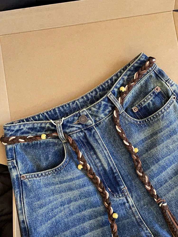 Retro Waed Embroidered Denim Jeans Loose Wide Leg Pants Women's Casual Comfortable Slimming High Waist Jeans Blue