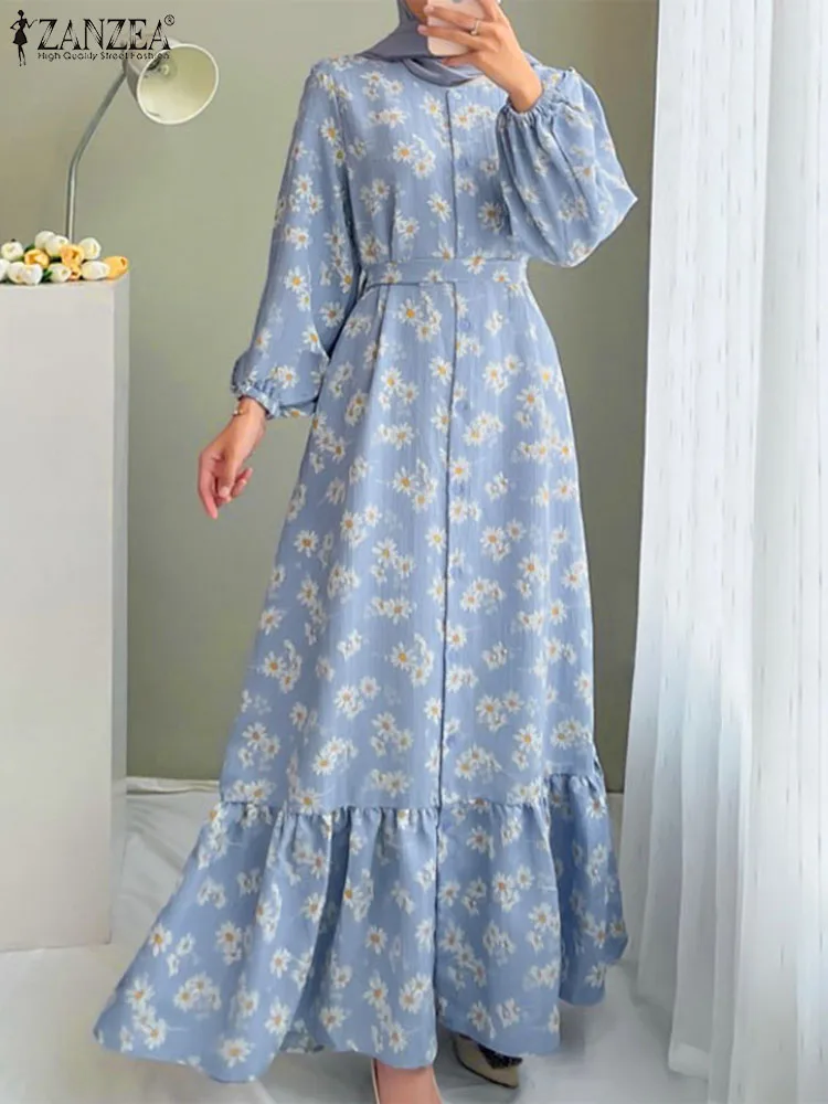 Autumn Long Sleeve Muslim Abaya Sundress 2023 ZANZEA Women Bohemian Floral Printed Maxi Dress Vintage Ruffles Islamic Clothing