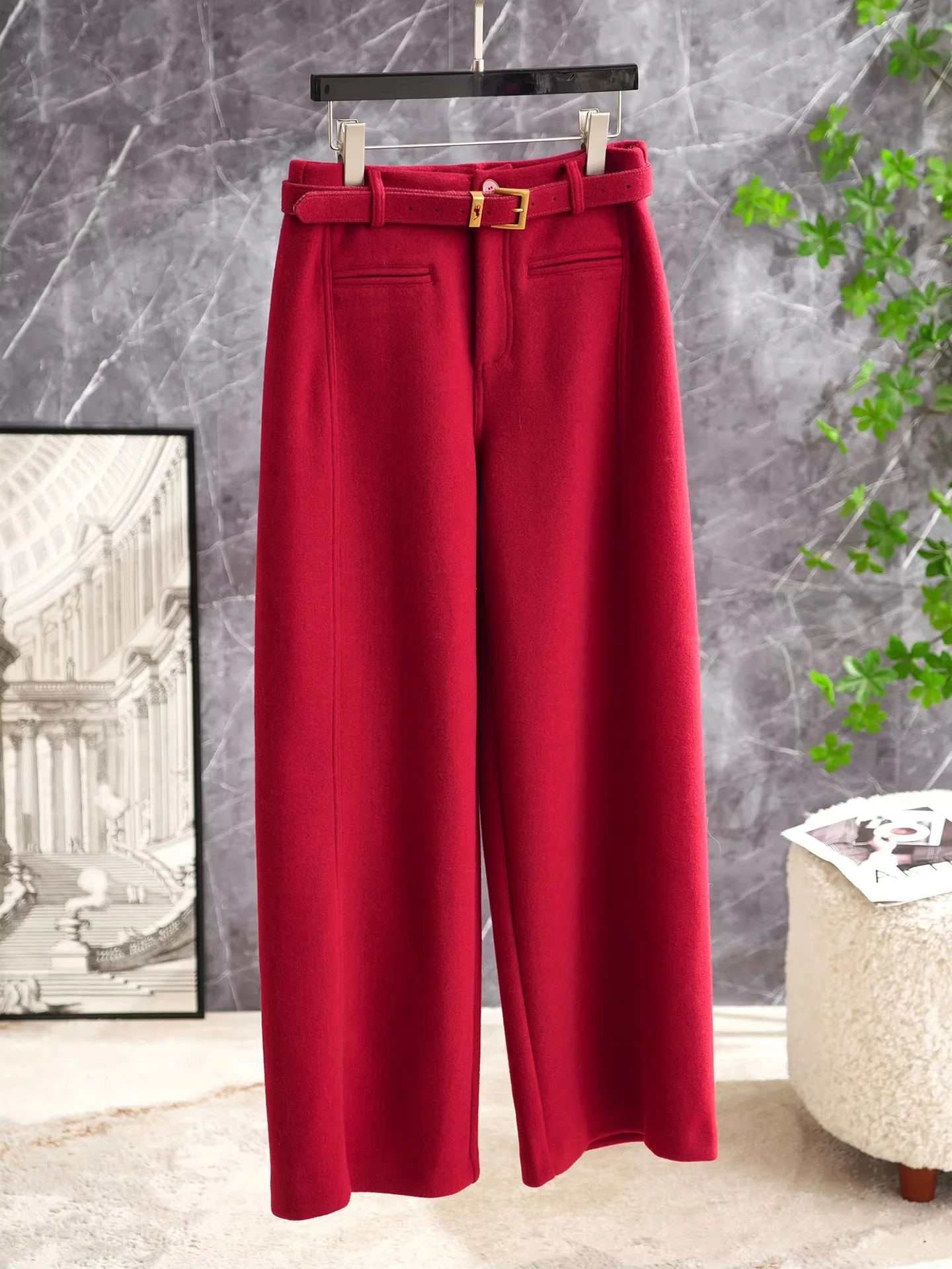 

Deep Grey Woolen Waist Belt Casual Harlan Pants Women's Autumn Winter Fashion Comfortable Polyester Blend Straight Leg Trousers