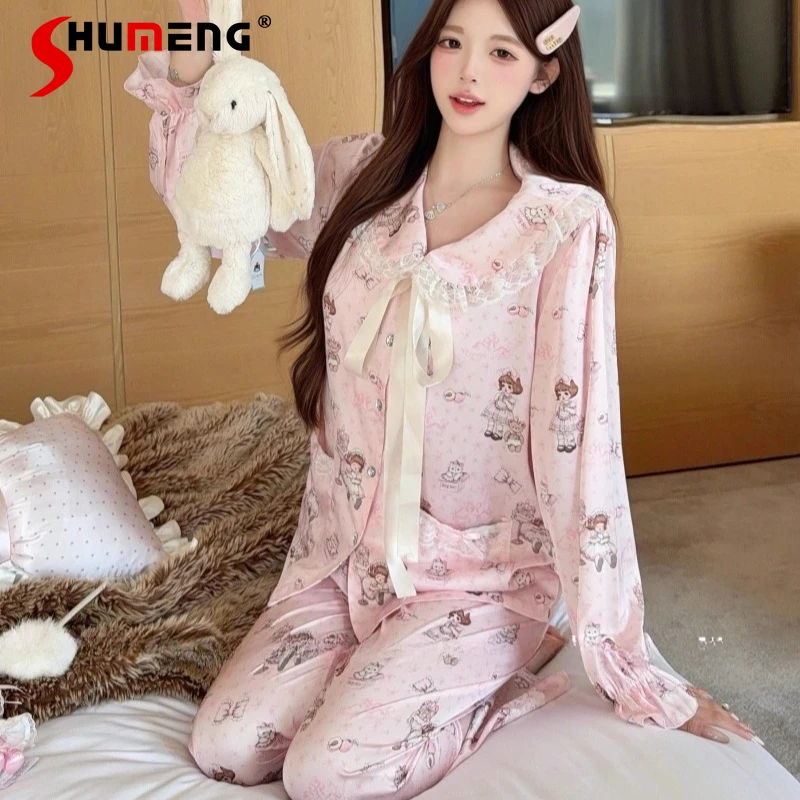 

Sweet Original Girl Ice Silk Pajamas Autumn Winter Japanese Style Lace Set Homewear Women's Street Wear Loose Sleep Suits