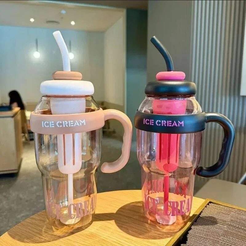 Outdoor Good-looking Summer Plastic Cup Milky Tea Cup Lucky Belly Cup Cute Wind Belt Straw Water Bottle
