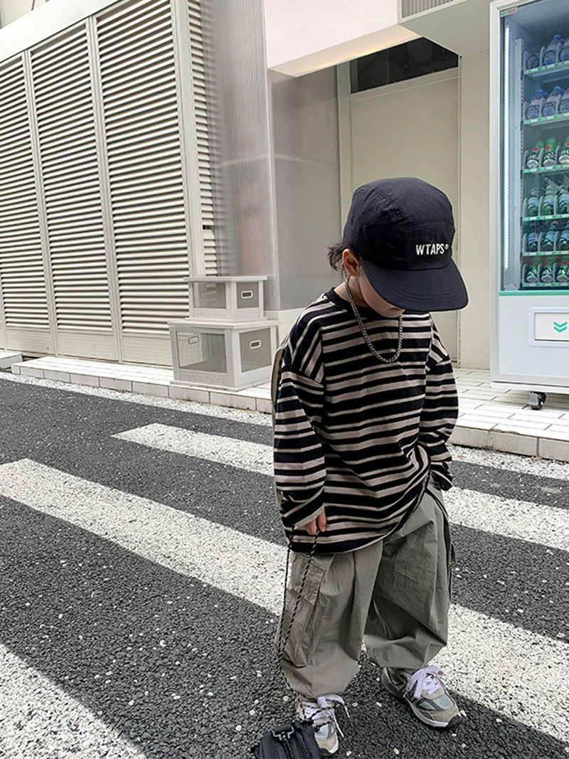 Fashion Spring Autumn Kids Stripe Fake two pieces Tshirt+Loose Harem pants Sets Boys Streetwear Hip Childrens Casual Clothing