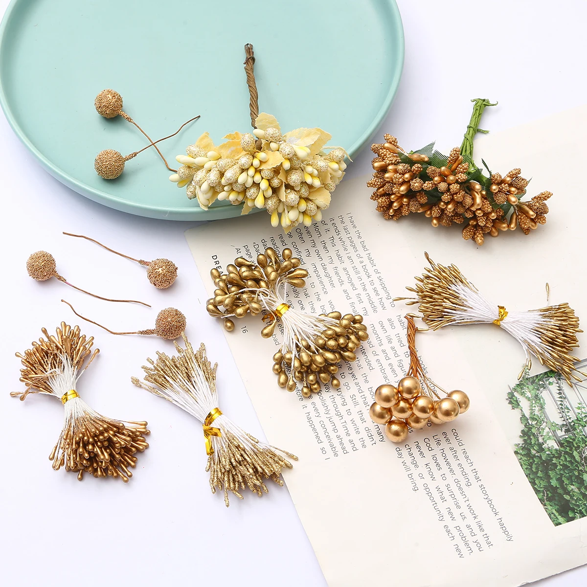 10-144pcs/lot Champagne Gold Color Artificial Flowers Wedding Home Room Decor Simulated Flower Core Table Decoration Accessories
