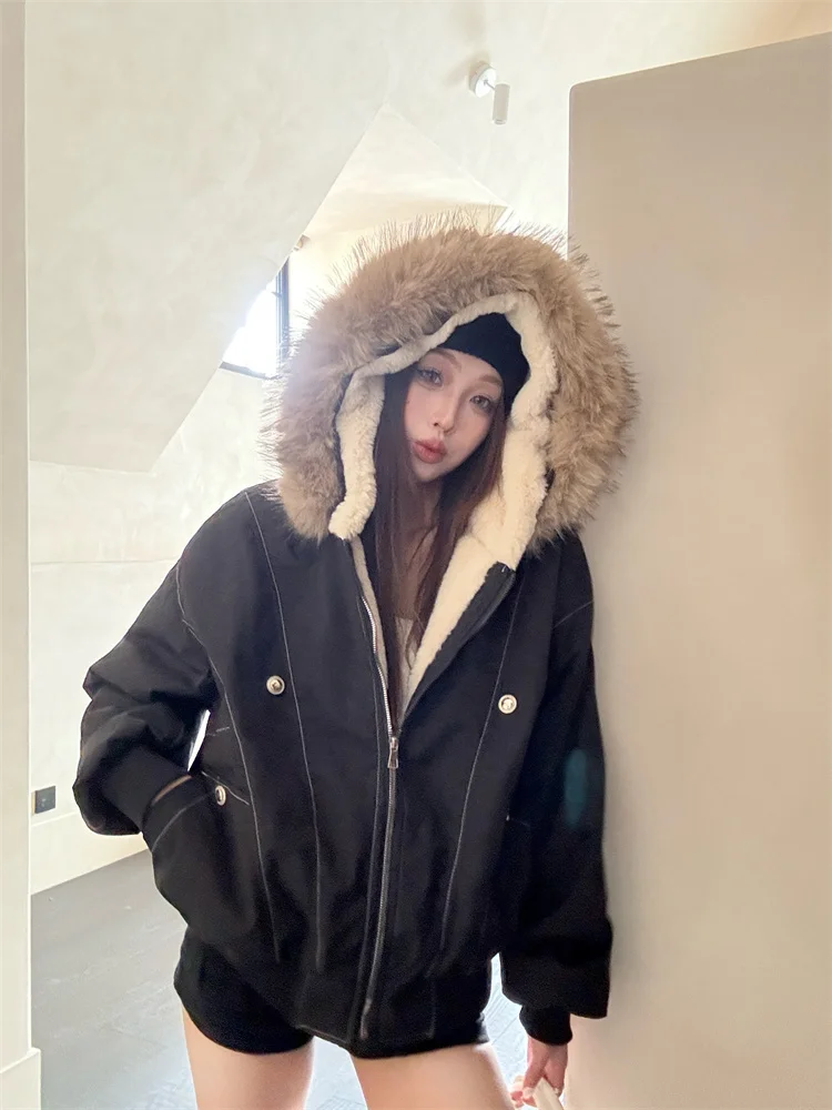 

Street Style Black Hooded Long Sleeved Cotton Jacket for Women Winter Loose Fur Collar Thick Fleece Parkas Retro Green Overcoat