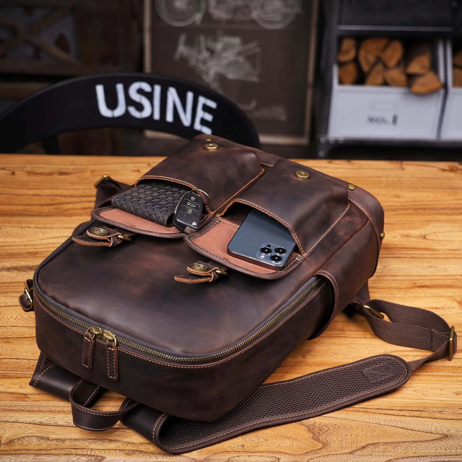S.WORKER Vintage Echtleder-Rucksack 16" Laptop-Tasche Lässige Crazy-Horse-Leder-Schultasche Outdoor-Reise-Weekender-Tasche – Detail 17