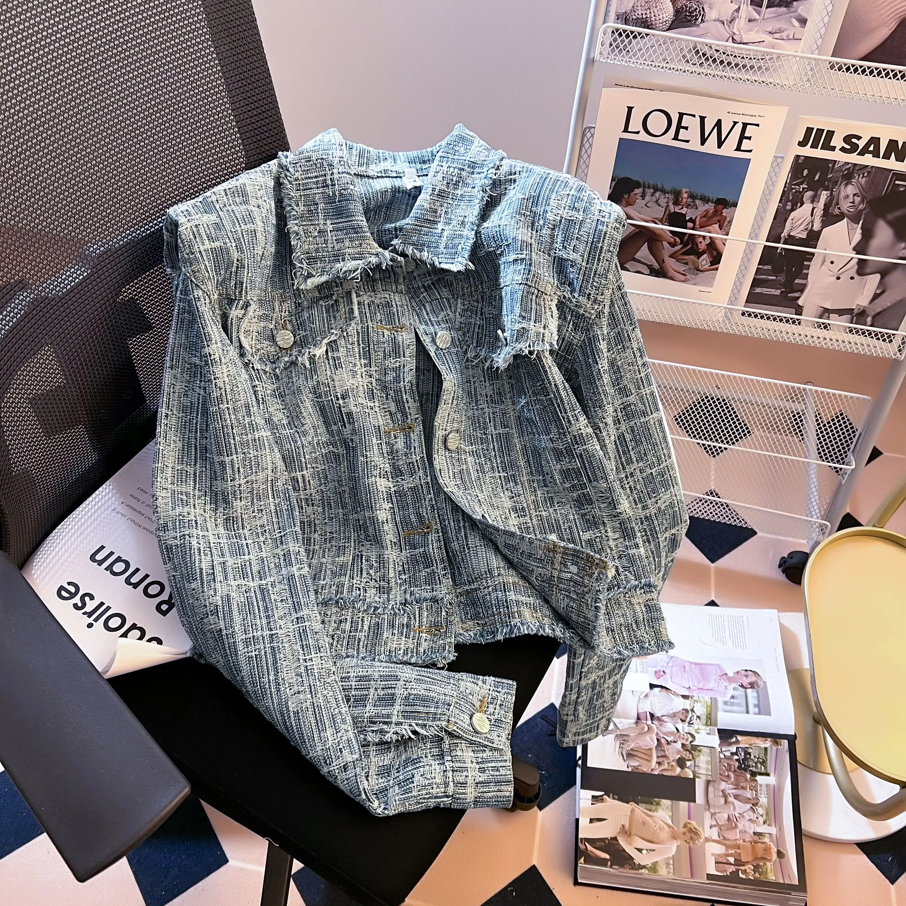 Elegant Patchwork DENIM แจ็คเก็ตแฟชั่นเดี่ยวขอบดิบสั้นเสื้อผู้หญิงฤดูใบไม้ผลิฤดูใบไม้ร่วง Turndown COLLAR หลวม TOP