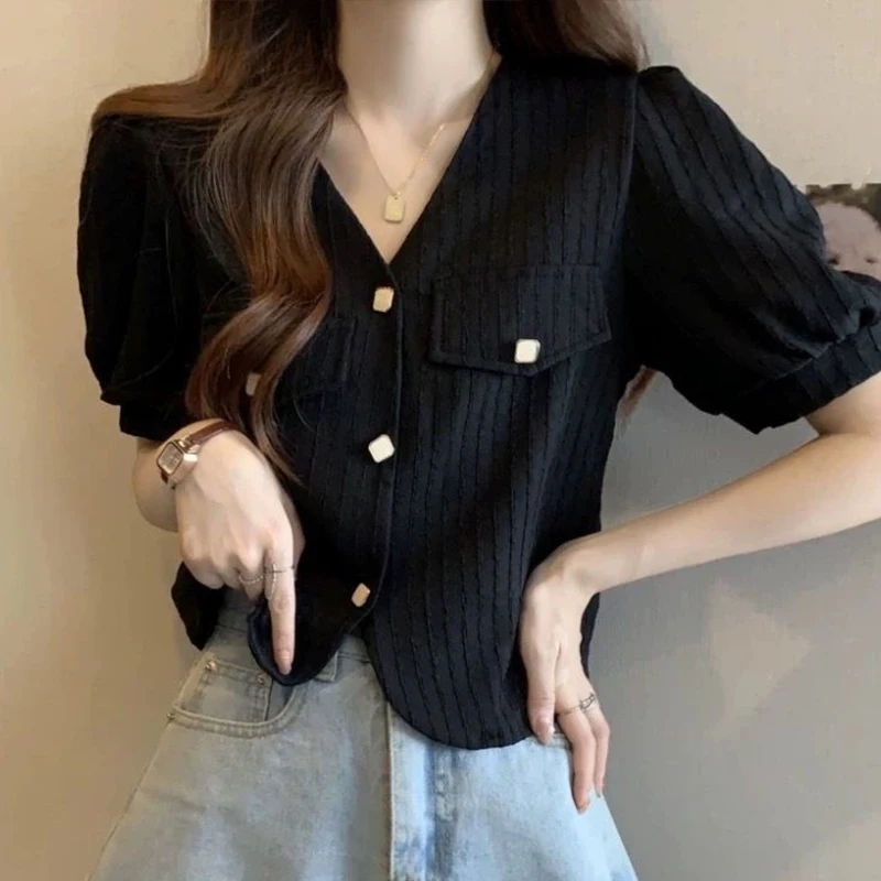 

Summer Office Lady Simplicity Elegant Trend Buttons Single Breasted Solid Color Short Sleeve Well-designed Feminine Puff Sleeve