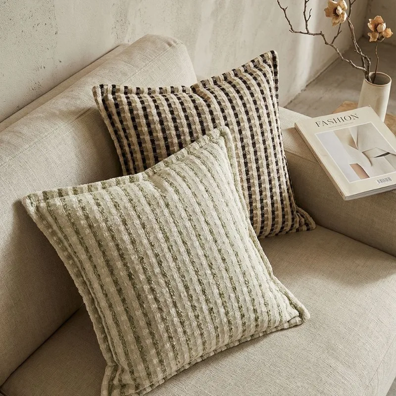 Fashionable Retro Striped Weaving Jacquard Pillow Cover Double Sided Chenille Edge Pressed Cushion Cases for Home Decor 45x45cm 2