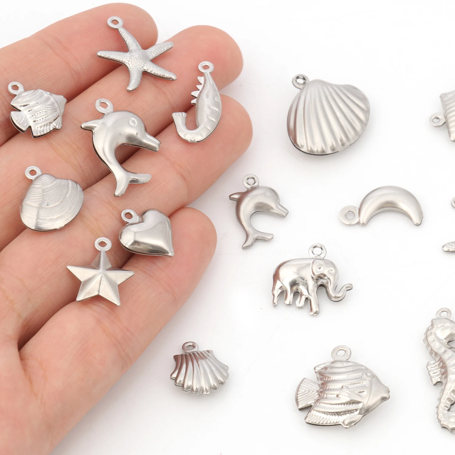 5pcs Silver Color Stainless Steel Pendants Fish Shell Elephant Moon Star Shape Charms For Making Jewelry Diy Accessories