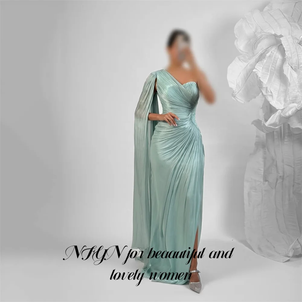 

NFYN Голубое вечернее платье на одно плечо с рюшами Ночное платье из бисера Платье знаменитости Асимметричная накидка с рукавами 프롬 드레 по индивидуальному заказу