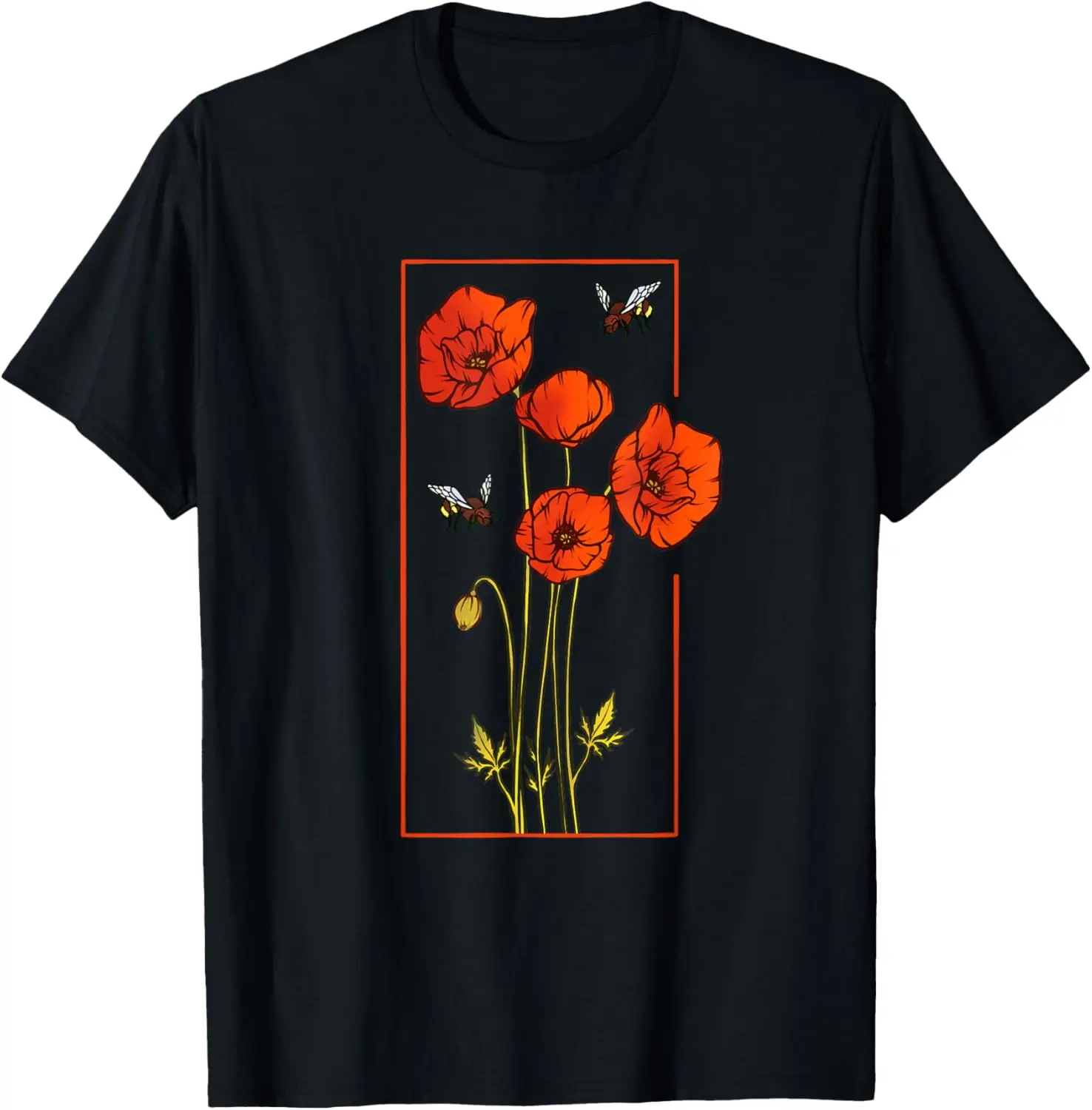 Floral Poppy Poppies Flower with Bees Wildflower T-Shirt