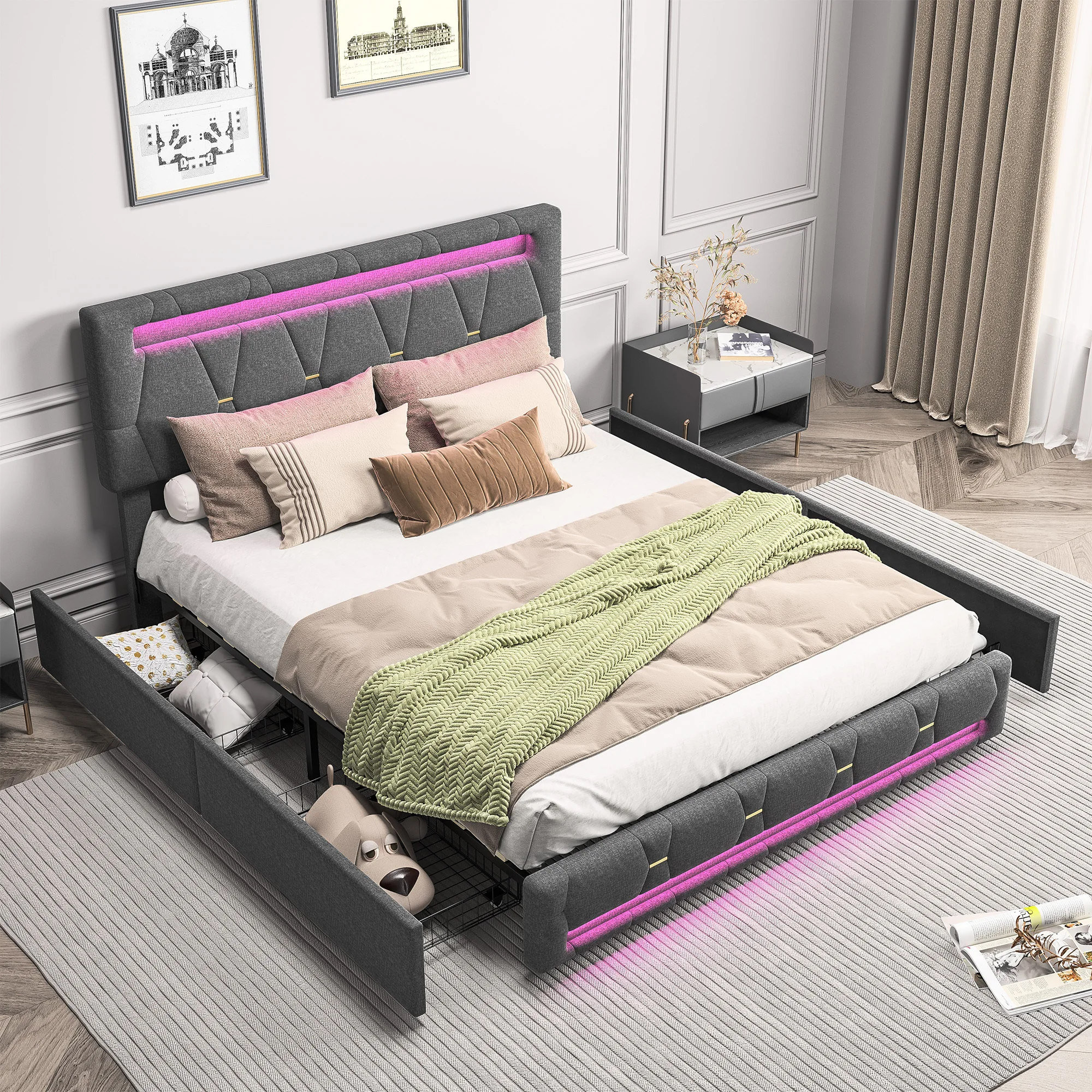 Upholstered Double Bed 140x200cm,LED Bed with 4 Drawers and Adjustable Headboard,Bed Frame with Wooden Slatted Frame,No Mattress