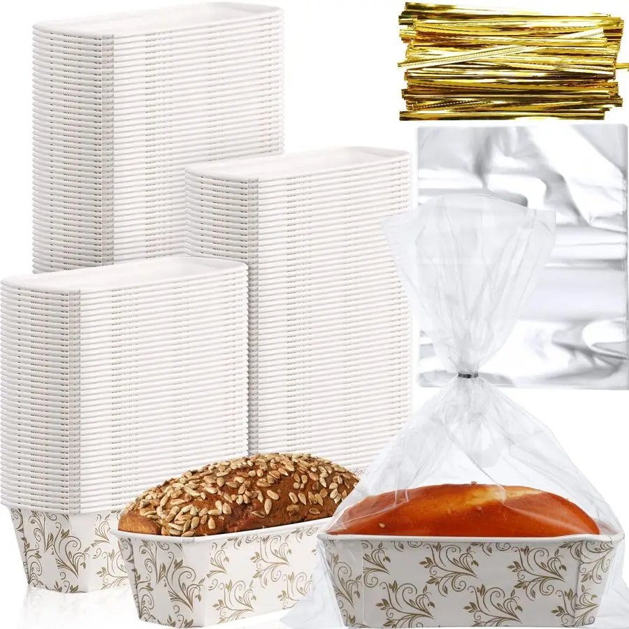 

100 шт. бумажных форм для выпечки хлеба 6,3 x 2,2 x 2,2 дюйма, одноразовые вкладыши для форм для выпечки хлеба с прозрачными пластиковыми пакетами и завязками, прямоугольные бумажные формы для выпечки