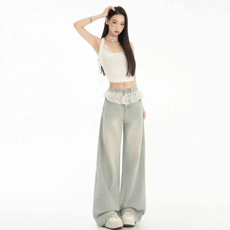 MULAN Wygodne damskie jeansy o prostym kroju, przyjazne dla skóry, w stylu retro Harajuku Y2K, streetwear, z wysokim stanem i koronkowymi wykończeniami na nogawkach.