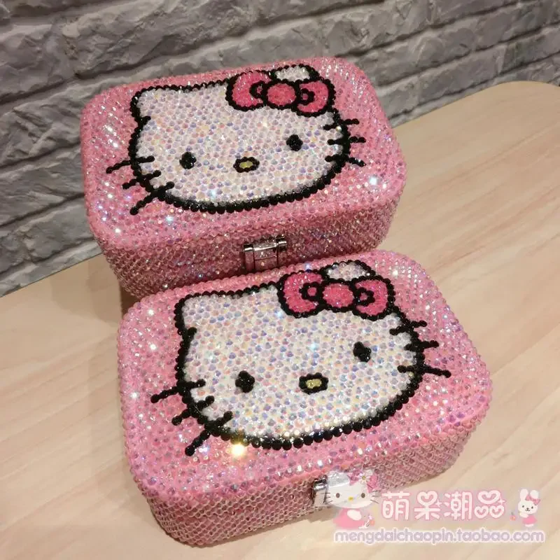 

New Kawaii Productos Hello Kitty Full Diamond Handmade Jewelry Box Princess Box Earrings Ring Storage Case Gift for Women Girls