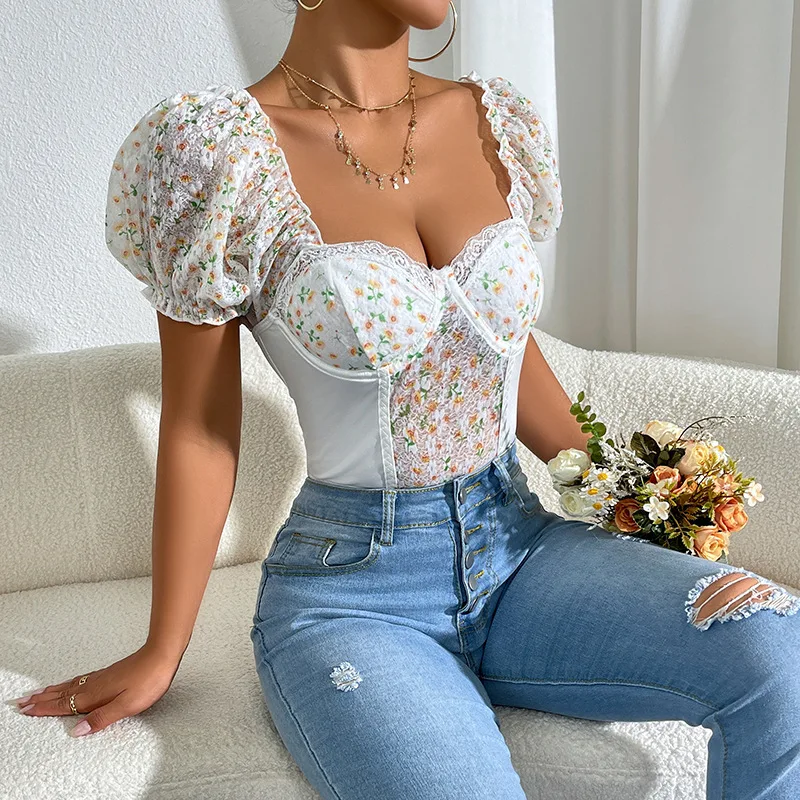 

Fashionable New Floral Bubble Sleeve Print Lace Hollow Out Perspective Sexy Women's Shapewear Jumpsuit