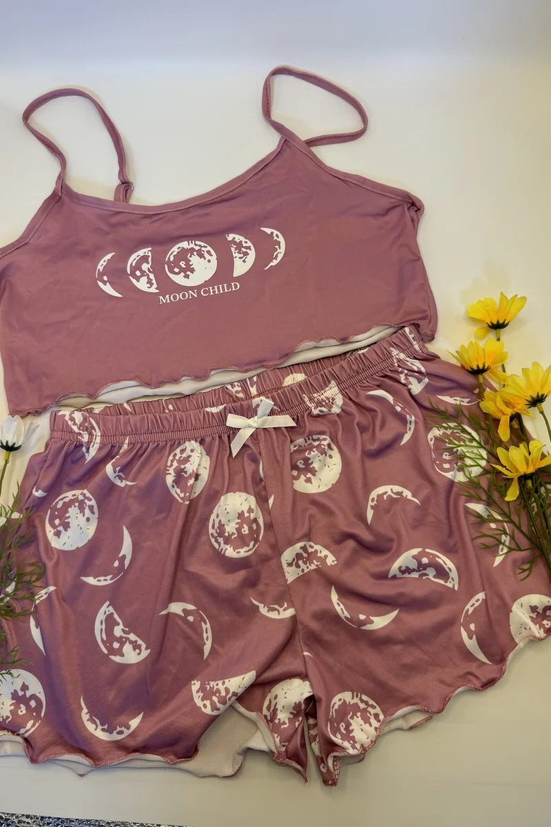 2 PCS Women Pajama Sleepwear Pajama Set Short-Sleeved Shorts Suit S M L Moon Star Print Ventilate Soft Comfort Home Leisure
