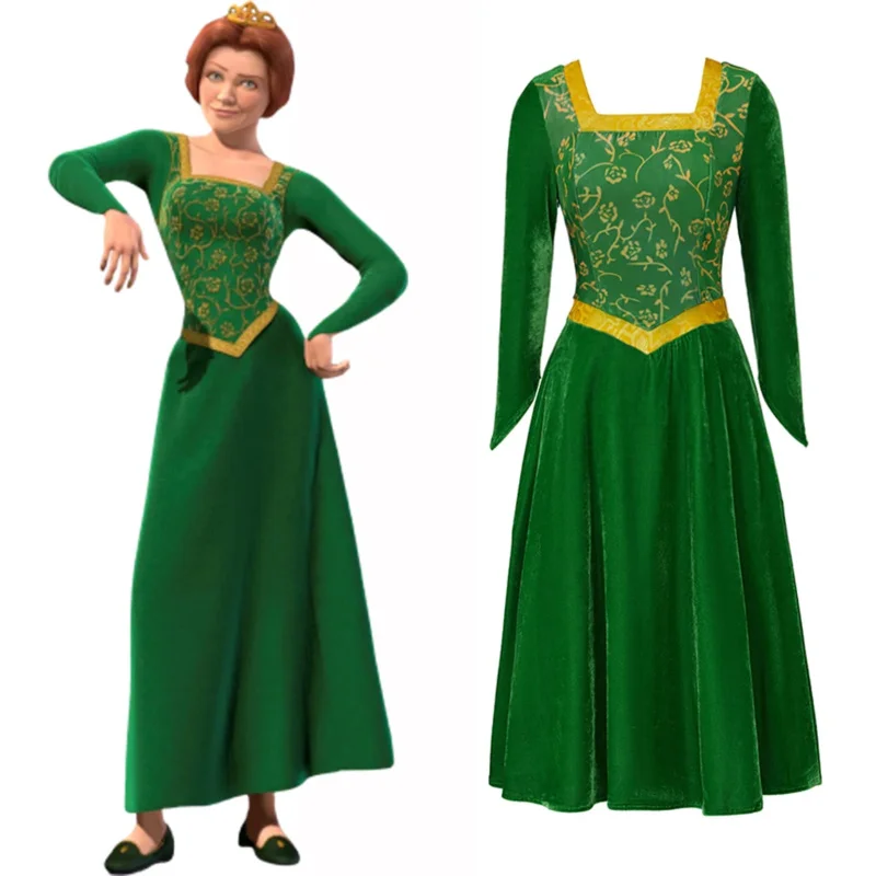 

2025 New Princess Fiona Cosplay Costume Outfit Women Cartoon Green Square Collar Velvet Long Dress For Ladies Halloween Ro