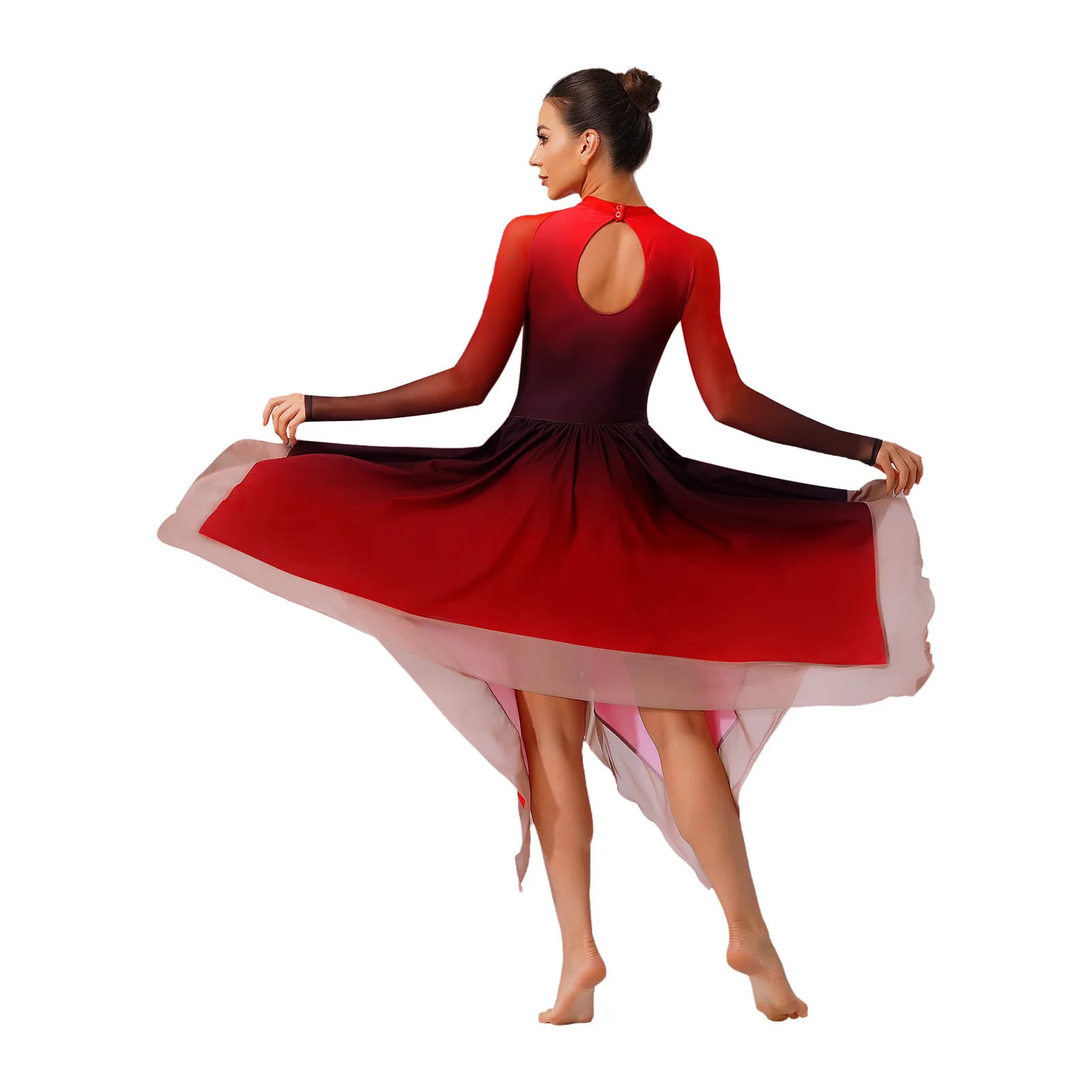 Robe de danse lyrique moderne pour femmes, Costume de spectacle de gymnastique, patinage artistique, maille, manches longues, robes dégradées, justaucorps