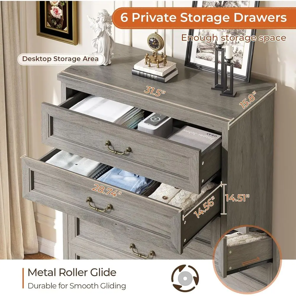 Komoda DAFIFY z 6 szufladami, wysoka szafka drewniana o wysokości 130 cm, rustykalny organizer do przechowywania z dużą szufladą i uchwytem w stylu vintage, szara, do sypialni