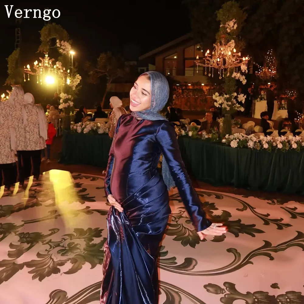 Verngo azul marinho cetim vestido de noite mangas completas sereia vestidos de ocasião formal elegante vestido de festa plissado personalizado