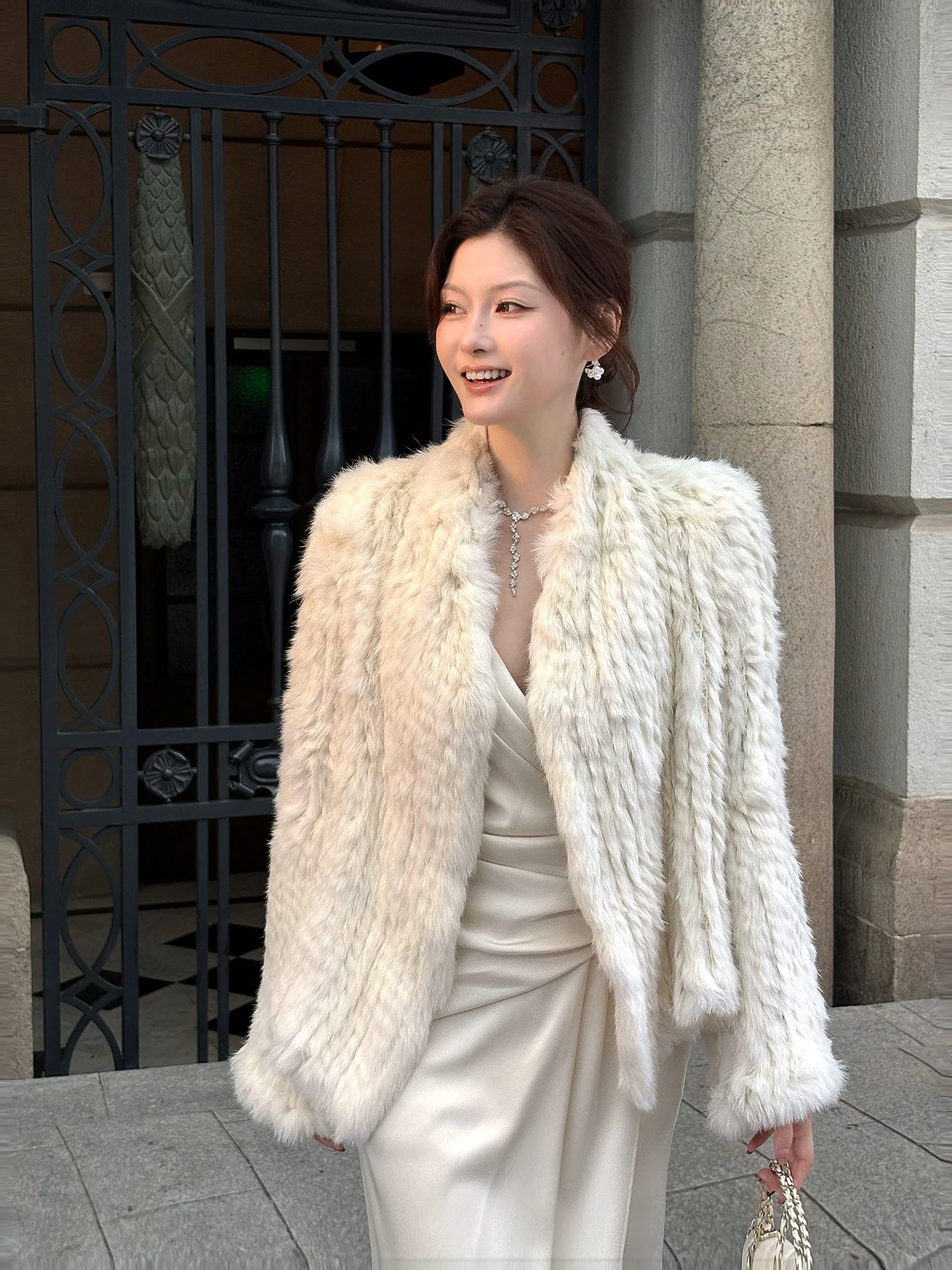 

Женское пальто из искусственного меха кролика Ele Rabbit Fur Jaet средней длины с воротником-стойкой, экологичное, с длинными рукавами, приталенное, для осени и зимы