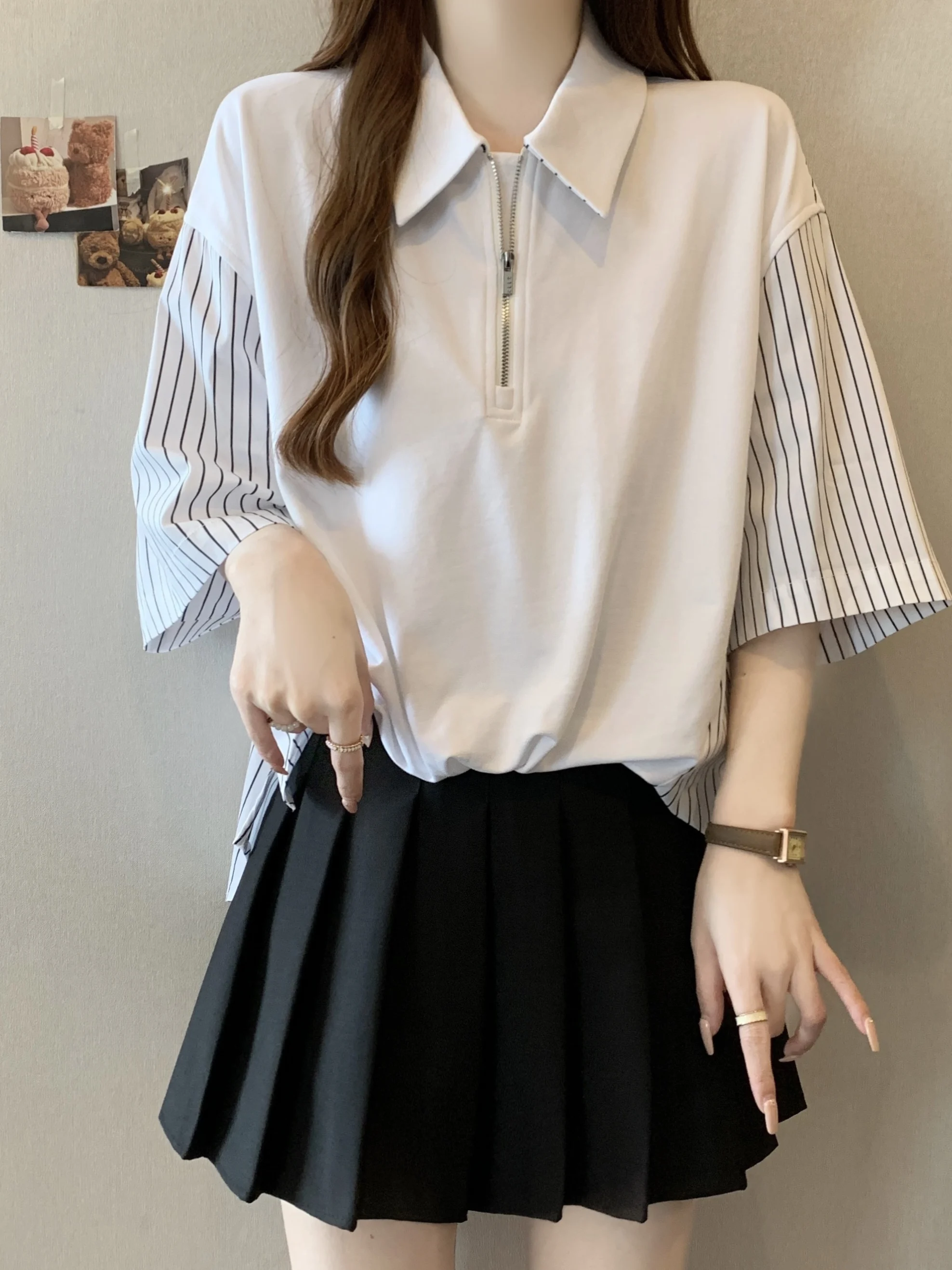 

plus Size Striped Ne Zipper Top Women's Summer irt High Waist Loose Fit Korean Sle Commute Faion Big Clothes