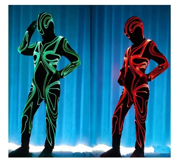 Lampu Panggung Pakaian Klub Kostum Pertunjukan Pakaian Neon Bodysuit Lampu LED Serat Optik Tari Seksi Jumpsuit