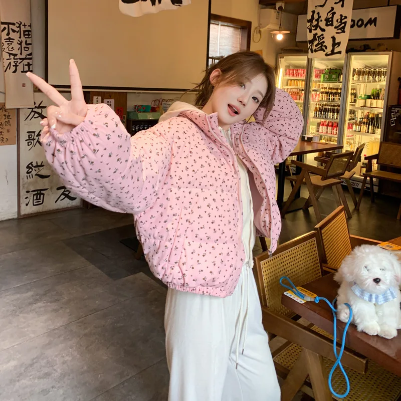 Parkas Coats Women Short Jackets Ditsy Floral Zipper Pocket Stand Collar Long Sleeves Loose Thick Office Lady Casual 2025 Winter