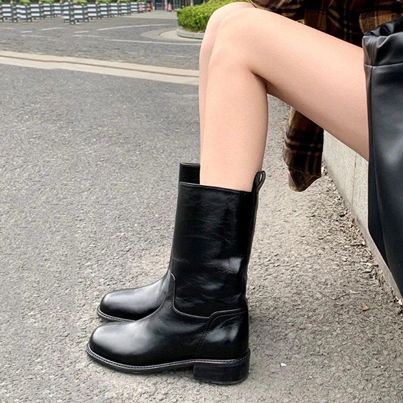 Zimowe modne buty w nowym stylu Cienki środkowy obcas Gruby obcas Miękka skórzana plisowana konstrukcja Luźne buty damskie Chunky Platform Booties