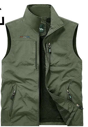 Men Outdoor Stand Collar Vest Lightweight Quick Dry Sleeveless Jacket Multi Zipper Pockets Breathable Mesh Lining Fishing Hiking