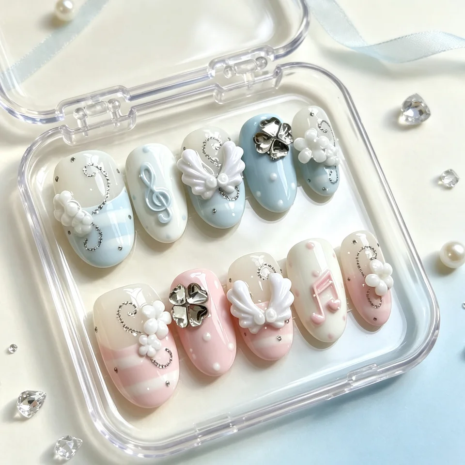 10 uñas ovaladas prensadas a mano, hermosas uñas postizas con trébol rosa y azul 2