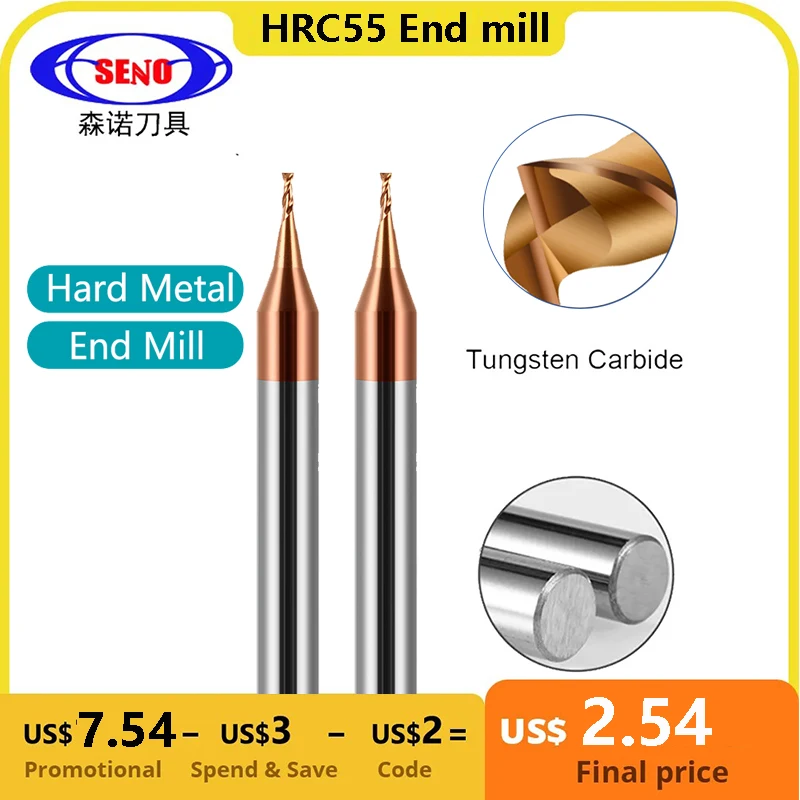 Broca de grabado CNC de carburo Mirco, Micro fresa de extremo de carburo de SENO HRC55, 2 flautas, 0,2-0,9mm, TiAIN, Micro plano, vástago de 4mm