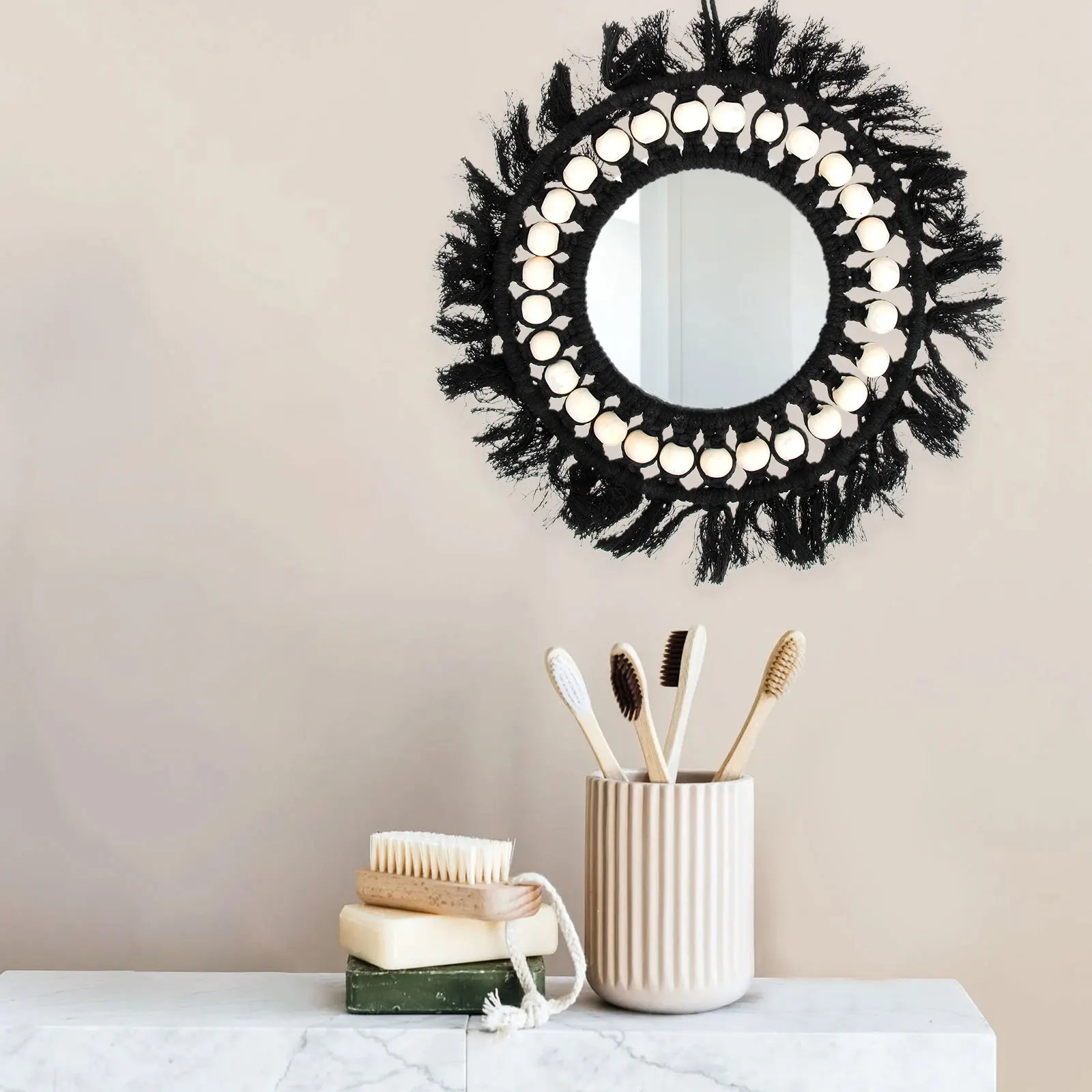 

H made Tapestry Mirror Bohemian Decor Black Cotton Wall Mirrors Rustic Woven Look Smooth High Definition Home Office Dormitory