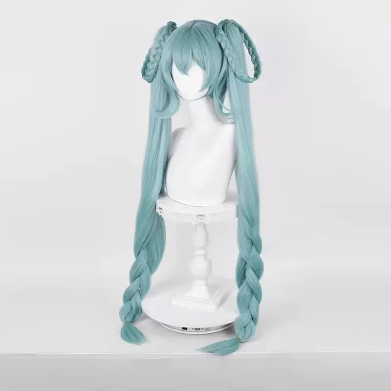 Anime Mikuu 꽃 코스프레 가발 96cm 긴 땋은 포니 테일 혼합 녹색 머리 스트레이트 피그 테일 가상 아이돌 Vtuber Headwear