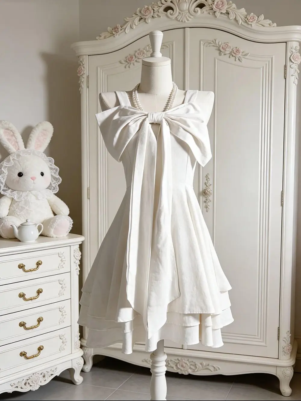 

Japan Vintage White Moonlight Dress New Bow Design Sleeveless Solid Color Short Skirt For Women