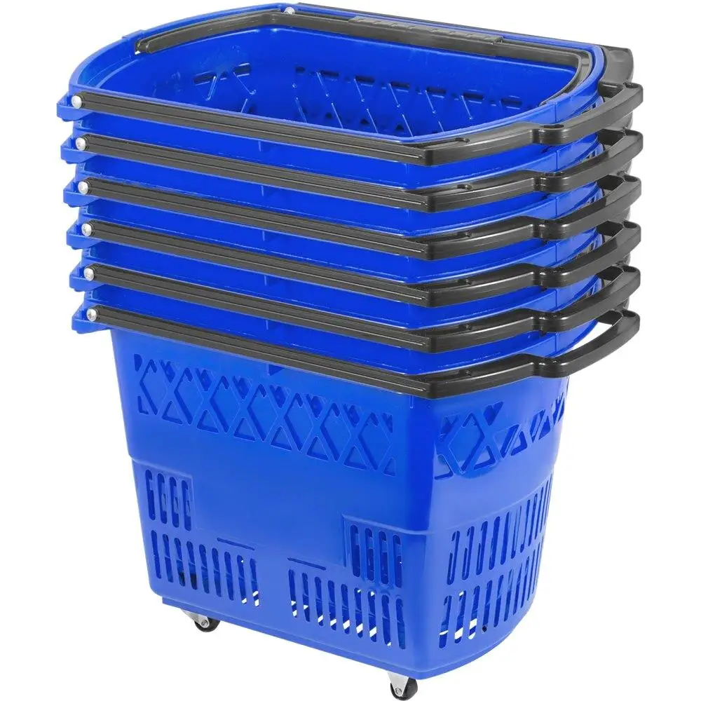 

6PCS Plastic Rolling Blue Shopping Baskets with Handles Portable Shopping Cart Set for retail Store