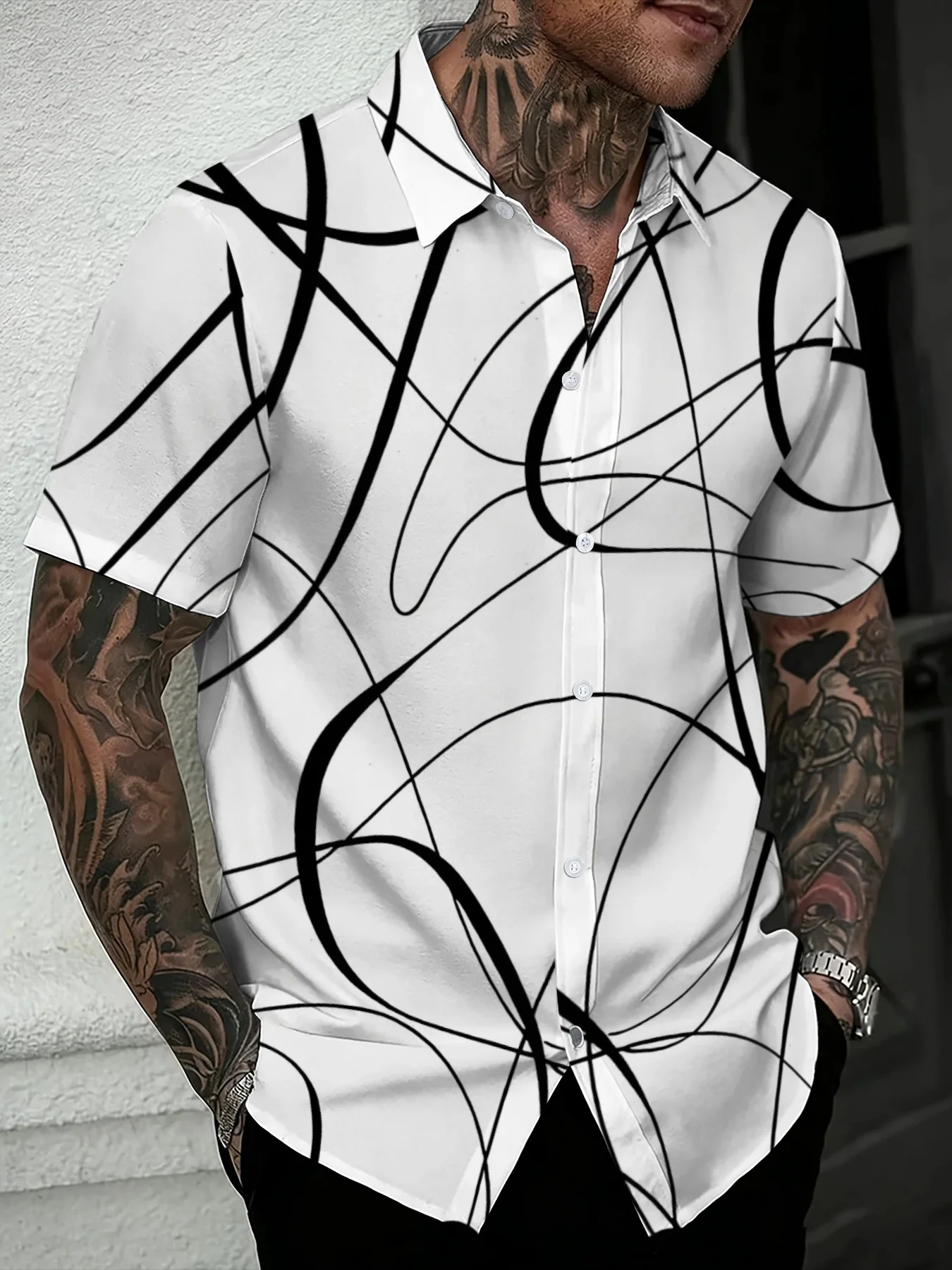 Trendy Abstract Curve Print Men Short Sleeve Button Shirt Summer Casual Streetwear White Lapel Shirts