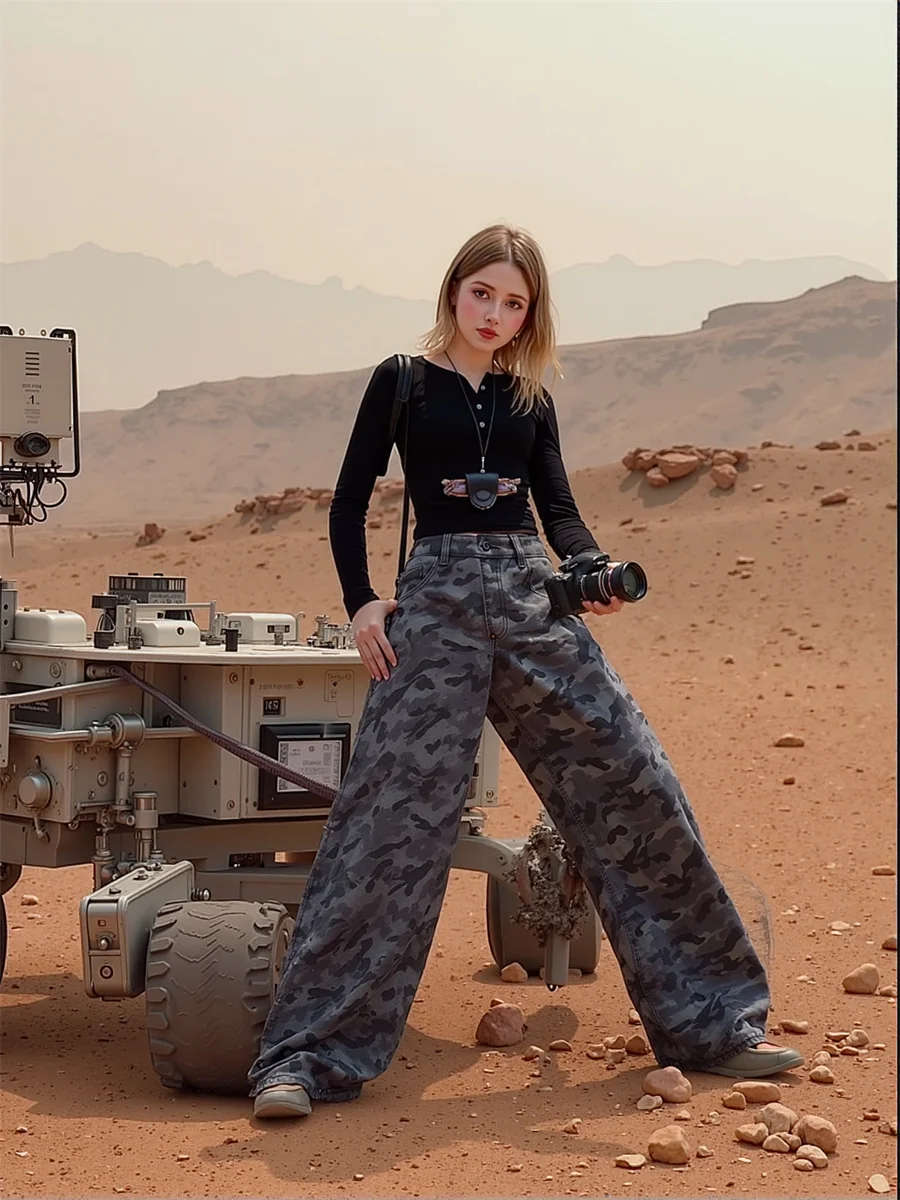 

Камуфляжные широкие джинсы в пол, женские плиссированные джинсы с вышивкой, удобные шикарные расклешенные брюки с разрезом на пуговицах, эластичная повязка с высокой талией