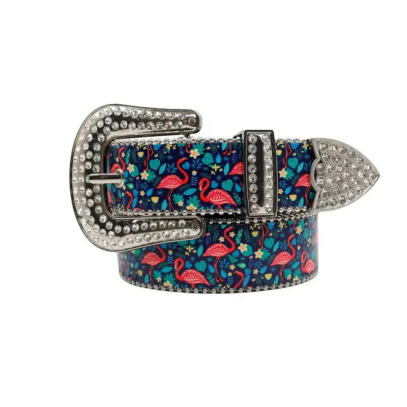 Original Design, Novel and Fashionable Flamingo Print Belt for Women, Artificial Inlaid with Rhinestones, Alloy Buckle Belt,