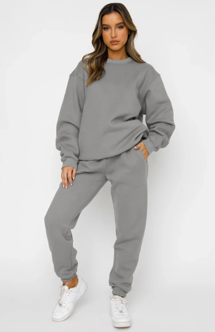 Women's Suit Fashionable Casual Loose Highly Elastic Sportswear Round Neck Solid Color Autumn Collection 2 Pieces Set For Woman