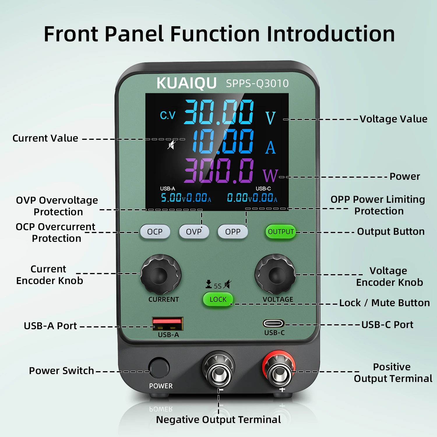 KUAIQU 2026 Lastest Lab Power Supply 30V 10A OVP/OCP/OPP For Testing Aging Teaching Universal Power Source AC-DC 18W USB-A UBS-C