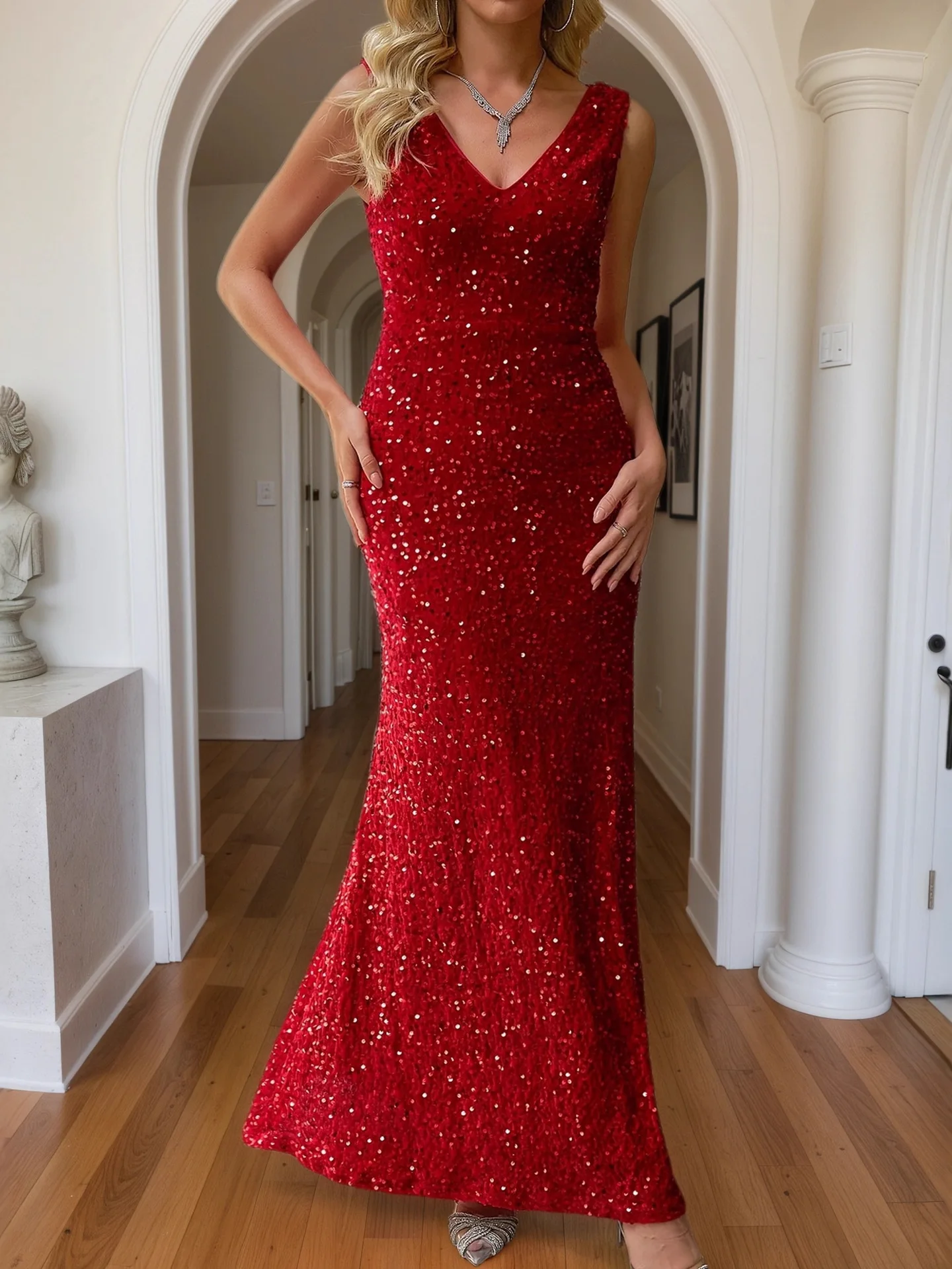 

Evening Gown Cross-Border Mid-Length Slimming Strap Sequin Beaded One-Piece Dress Chic Bustier Style Wedding Evening Dress