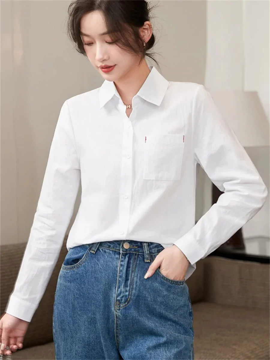 Women Spring Autumn Style Cotton and linen Blouses Shirts Lady Casual Long Sleeve Turn-down Collar White Blouses Tops