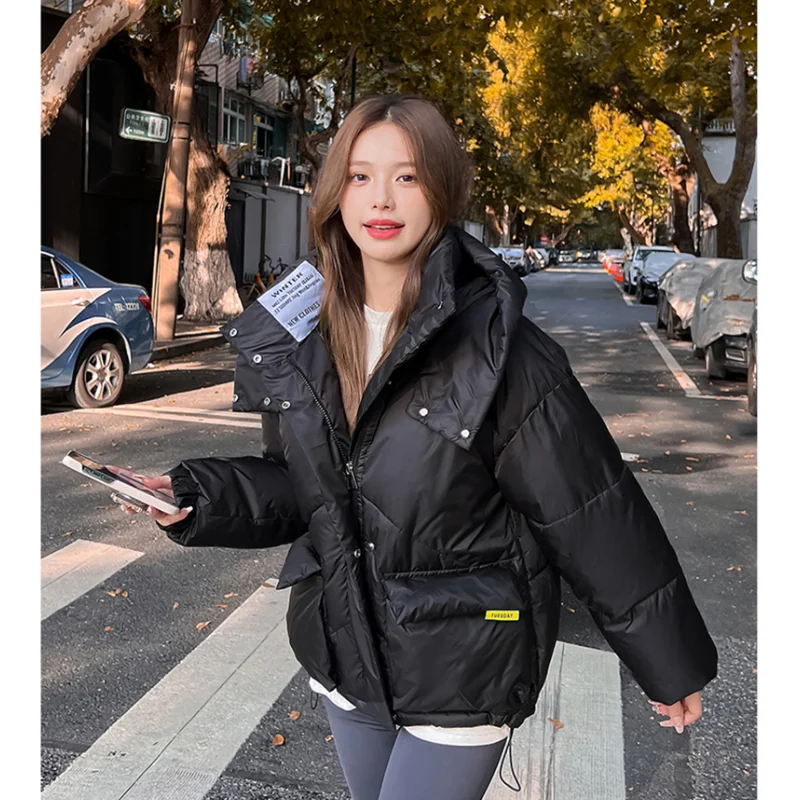 Green Down Jacket Women Coat Black Hooded Fashion American Streetwear Y2K Style Duck Down Feather Female Winter Short Outwear