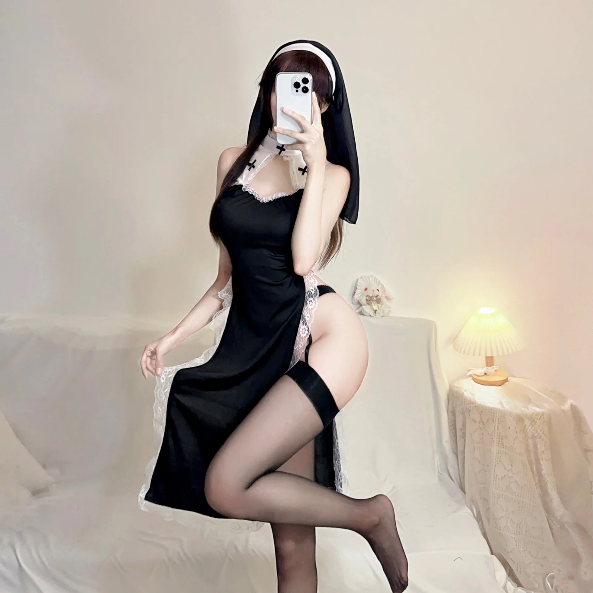 Sexy Lingerie High Waist Lace Role-playing Hollowed Out Uniform Home Decor No Need To Take Off Slit Tempting Crisscross Straps view 2