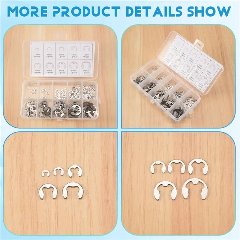 B23B 120 PCS 304 Stainless Steel E Clip Washer Assortment Kit For Shaft Fastener M1.5-M10