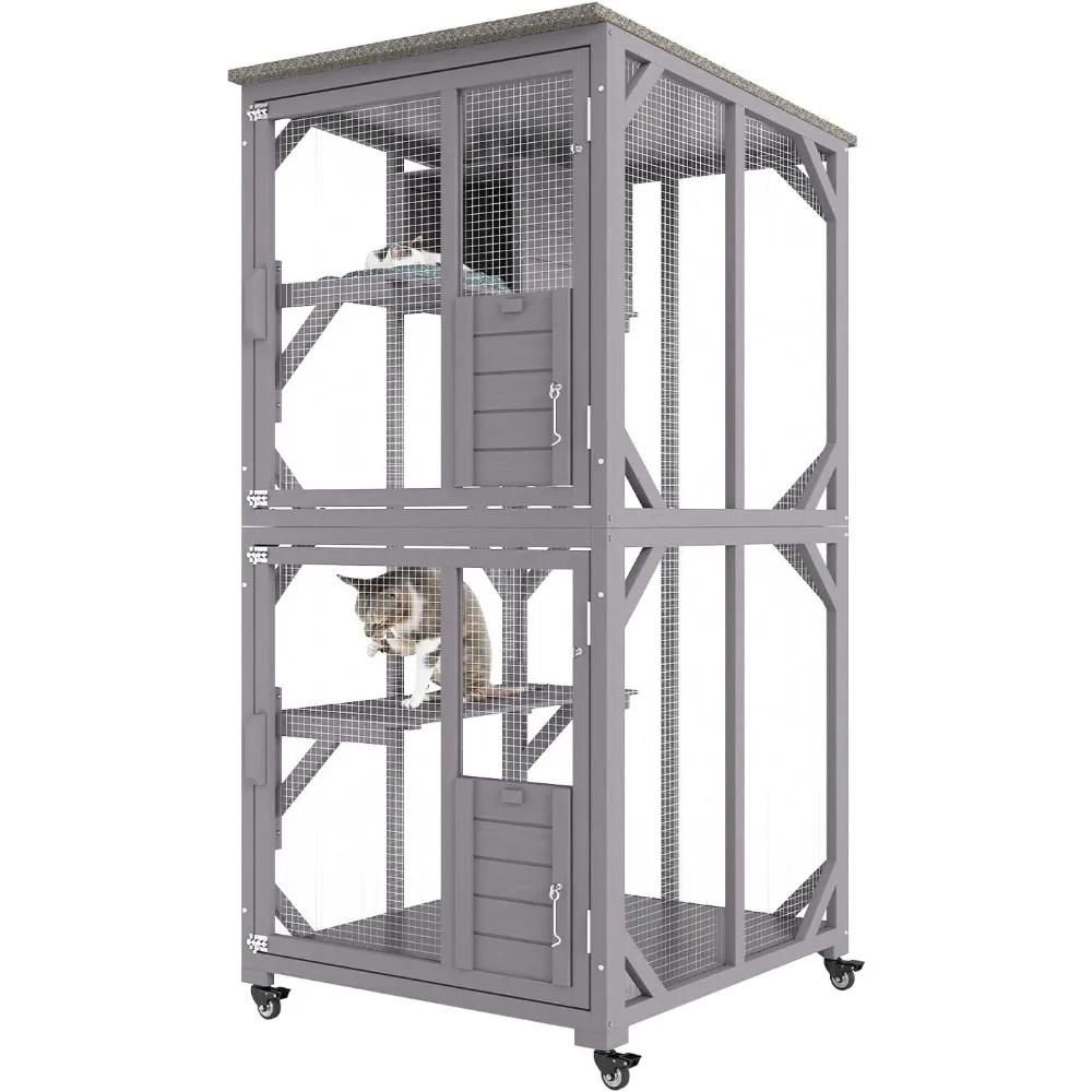 

Cat Condo Cage Catio Outdoor/Indoor Cat Enclosure, Wooden Cat House on Rotating Wheels, 3-Tier Pet Playpen with Resting Box, Ca