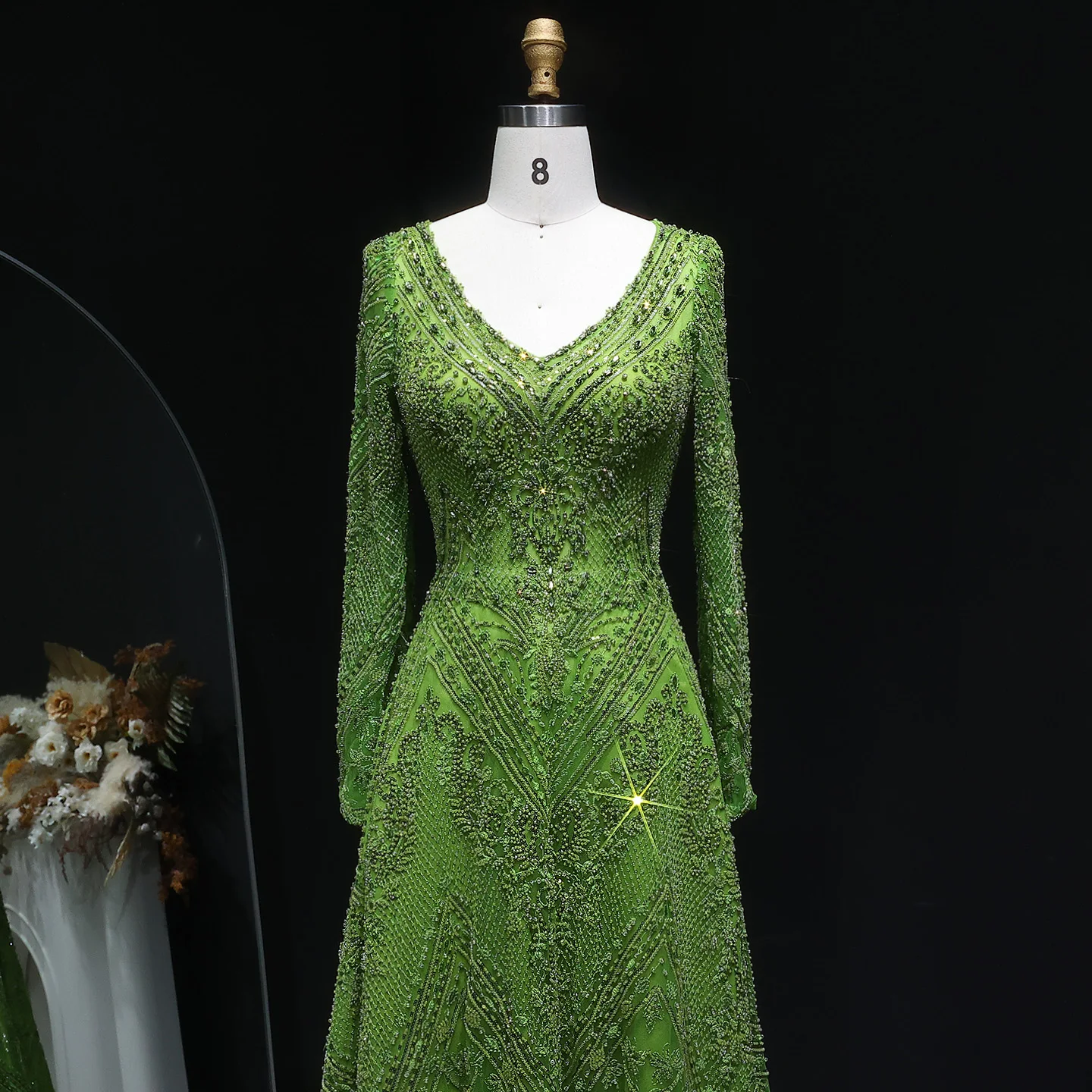 Sharon Said-vestido de noche de manga larga, color verde lima, cuello en V, cuentas de lujo, vestidos de fiesta árabes para graduación para mujer SS110 personalizado